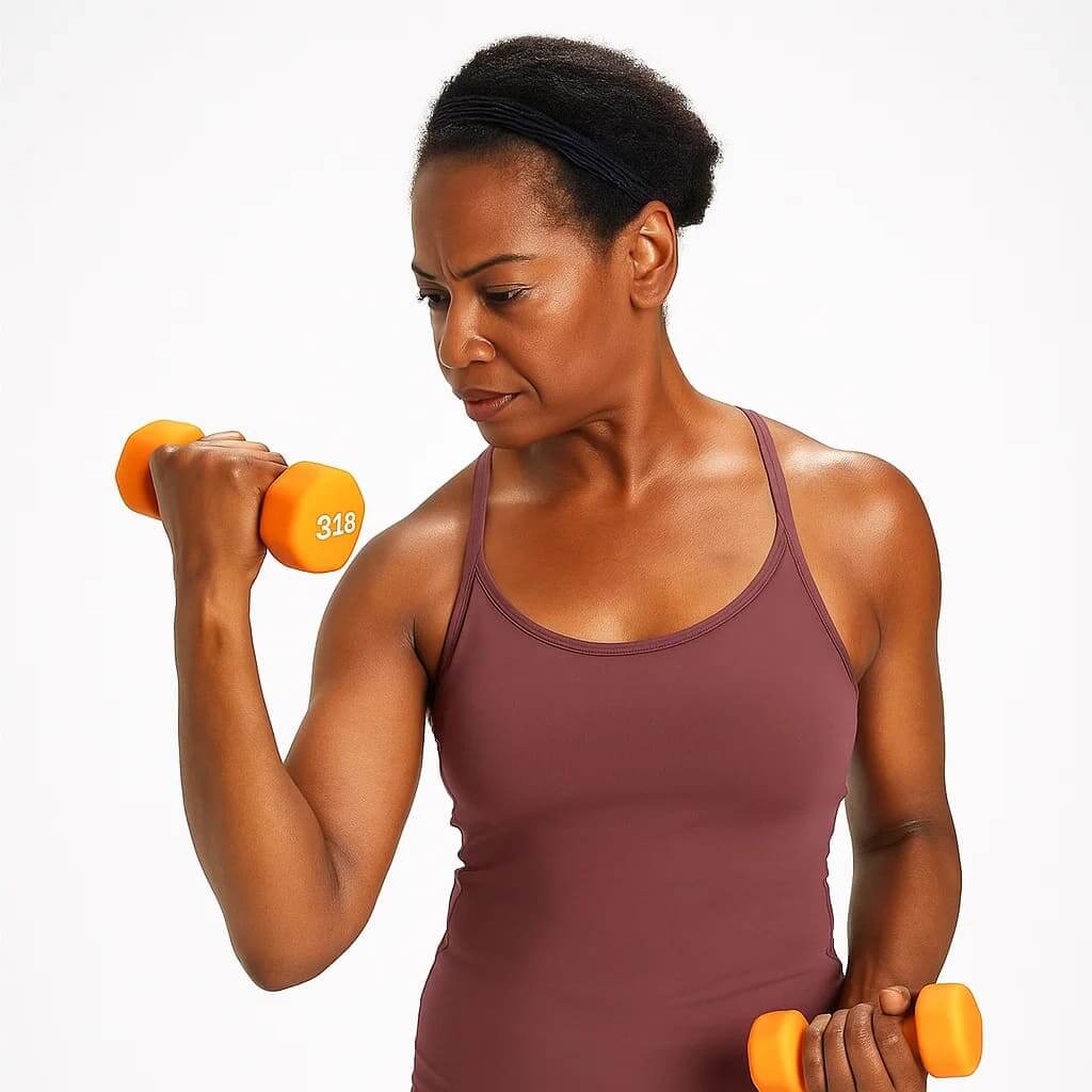 Mujer entrenando con mancuernas naranjas, mostrando fuerza y determinación con EsencialLuz GripFuerza.