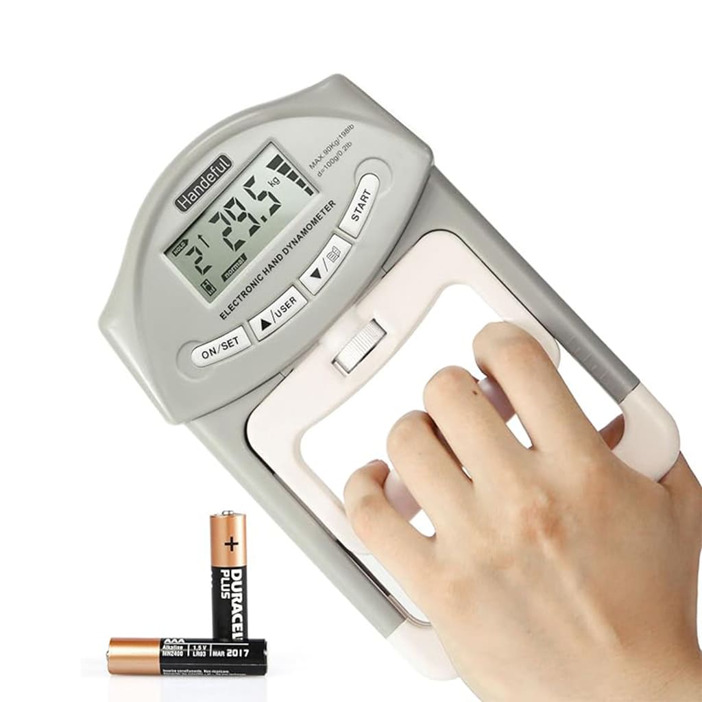 EsencialLuz GripPro digital dynamometer measuring grip strength with LCD display and user-friendly design.