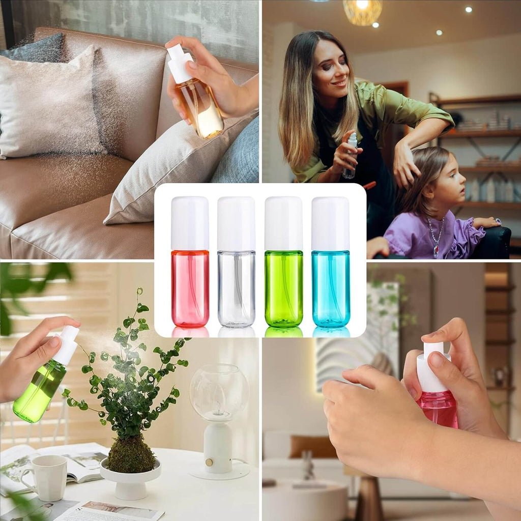 EsencialLuz – Mini Botellas Pulverizadoras Reutilizables de Viaje en colores variados siendo usadas en diferentes entornos.