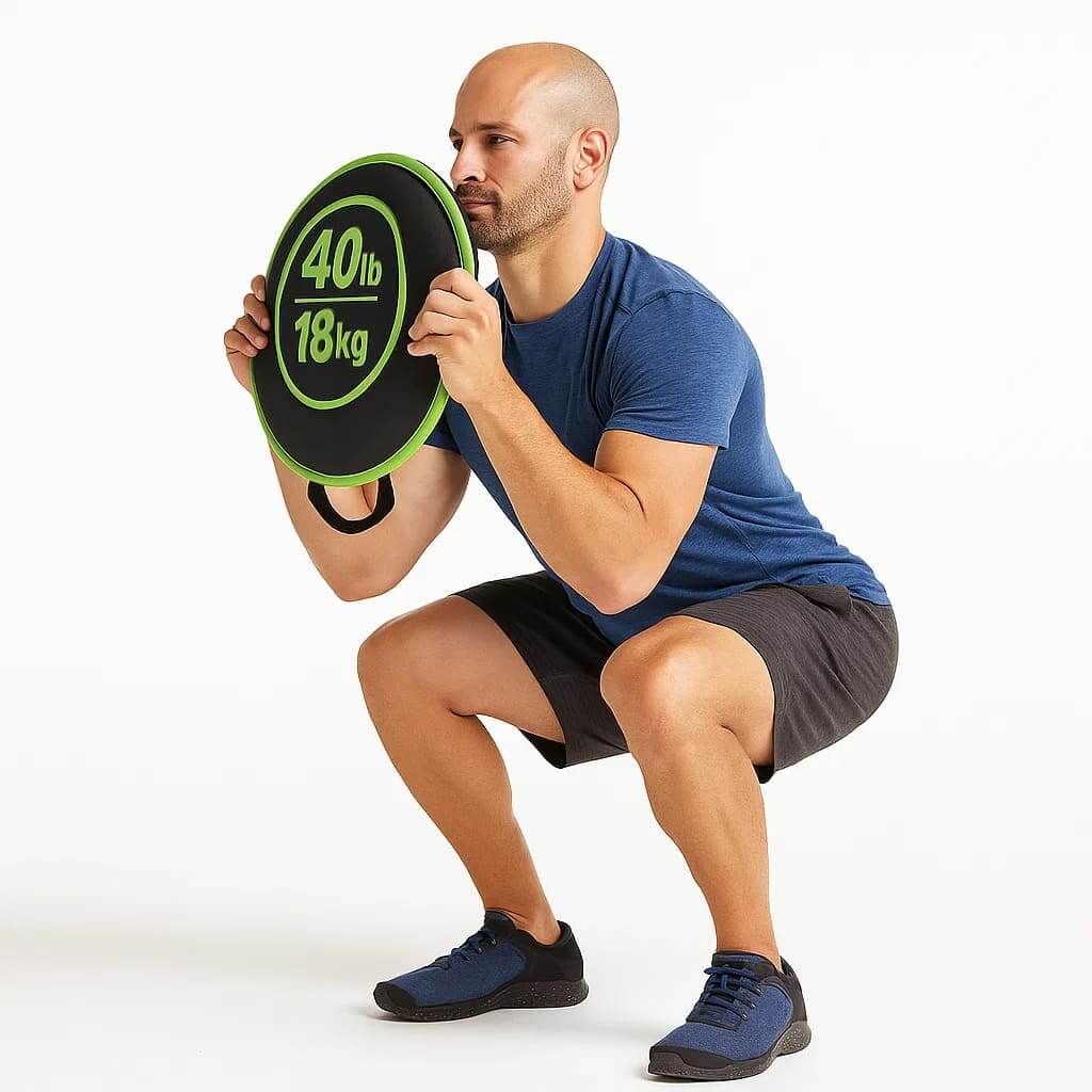 Mann, der eine EsencialLuz MultiBell beim Squat-Training hält, um Fitness zu steigern.