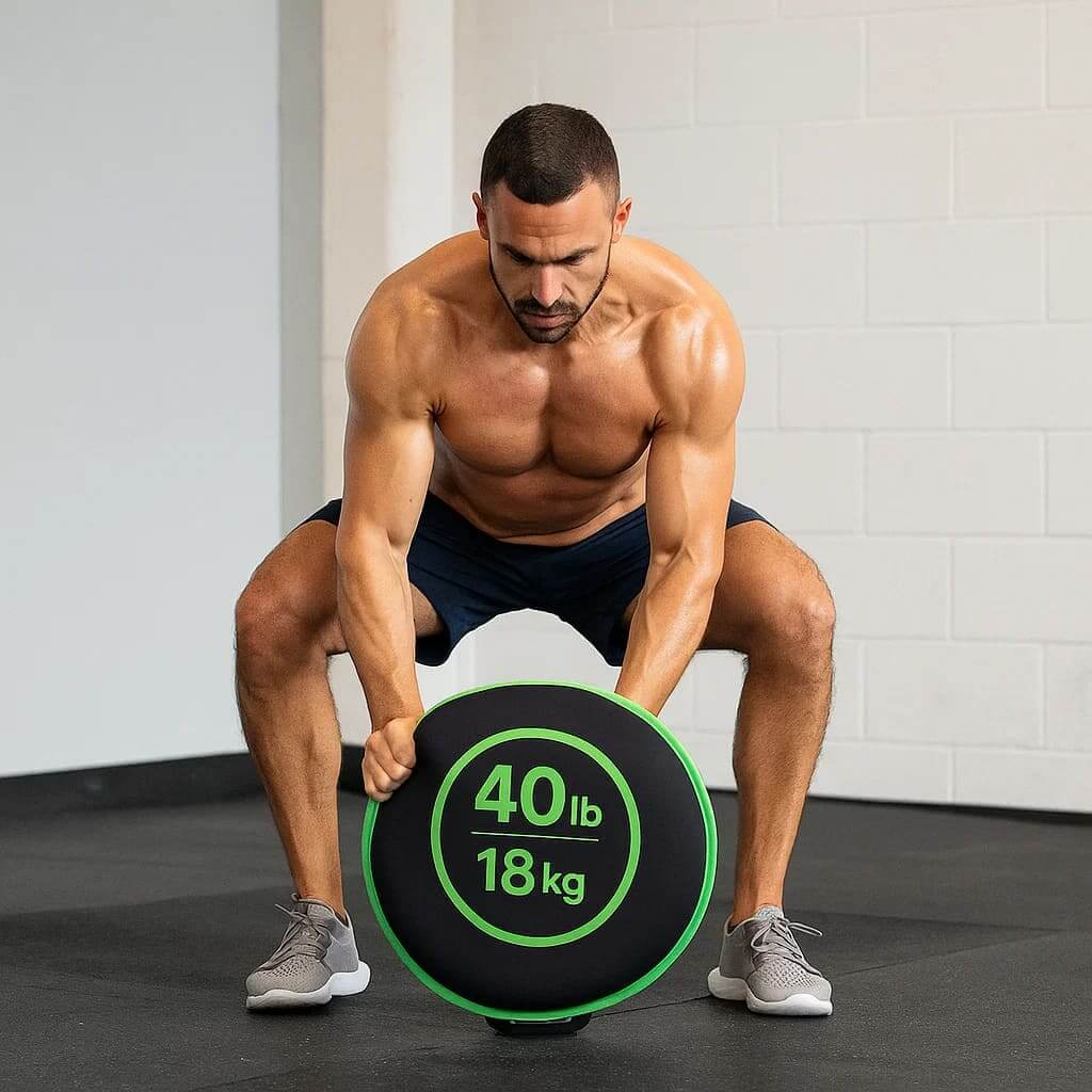 EsencialLuz MultiBell in use by a fitness enthusiast lifting a 40 lb weight during training session.