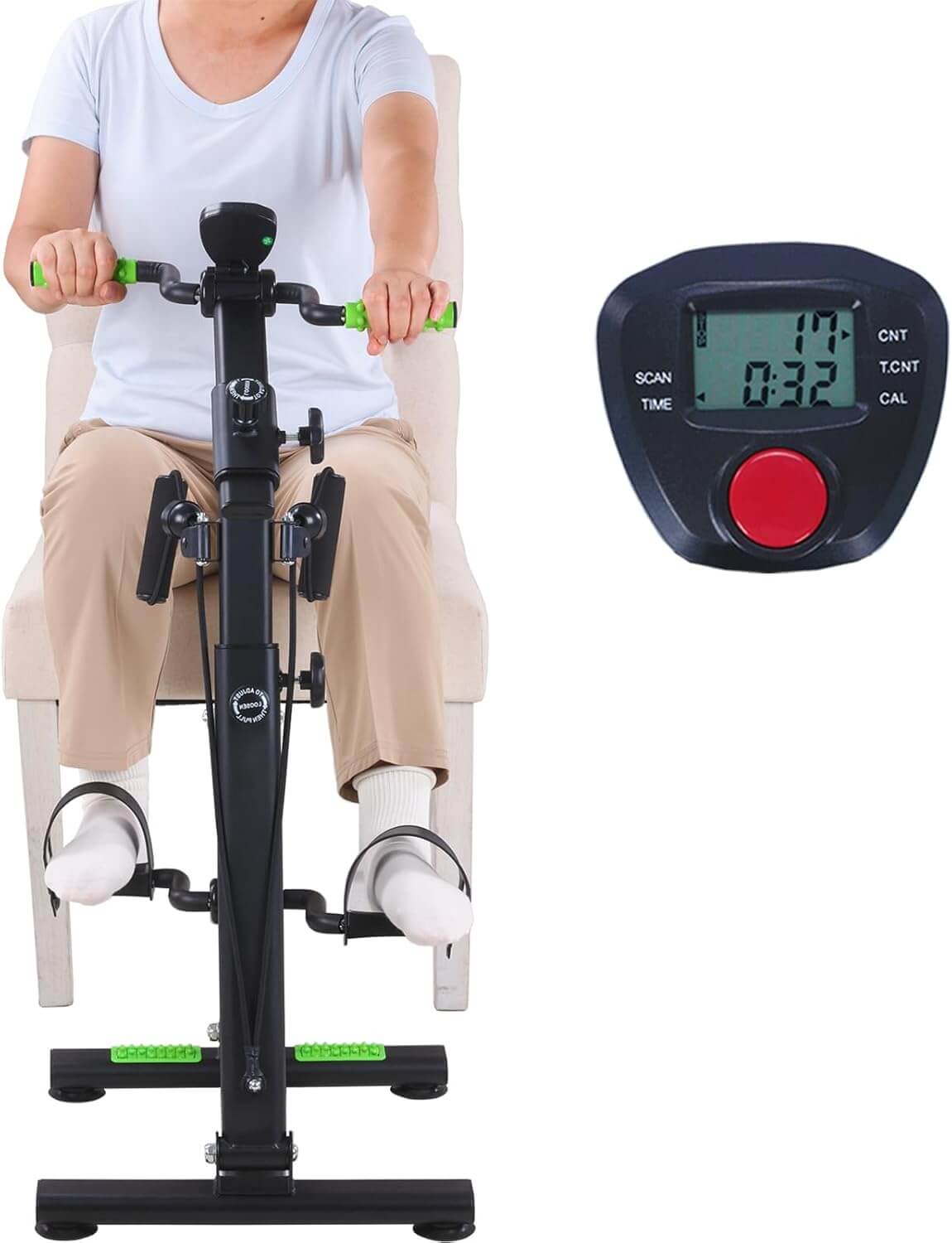 EsencialLuz Pedaleador Vital Compacto usado por una persona sentada, mostrando su diseño portátil y pantalla digital.