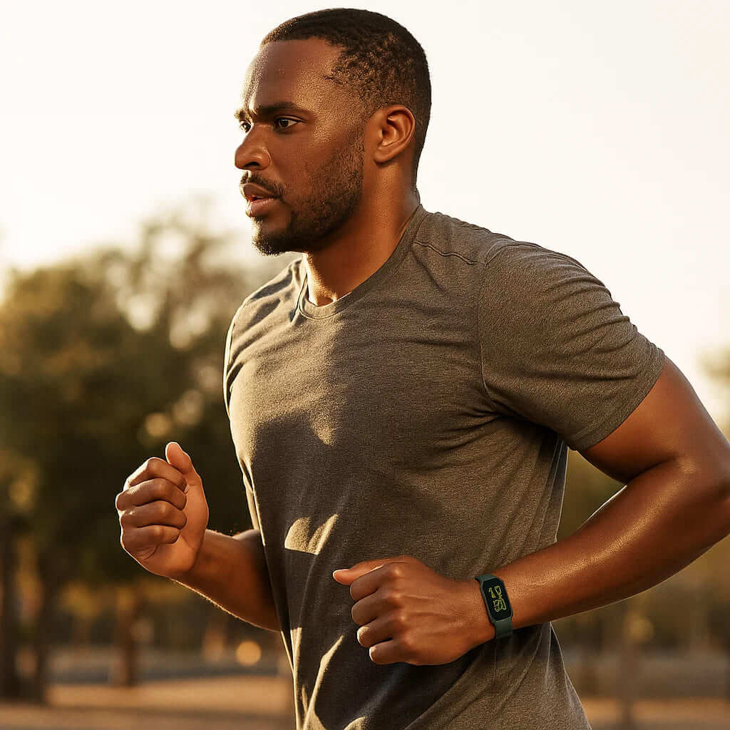 Hombre corriendo al aire libre usando el smartwatch EsencialLuz RitmoSync en su muñeca.