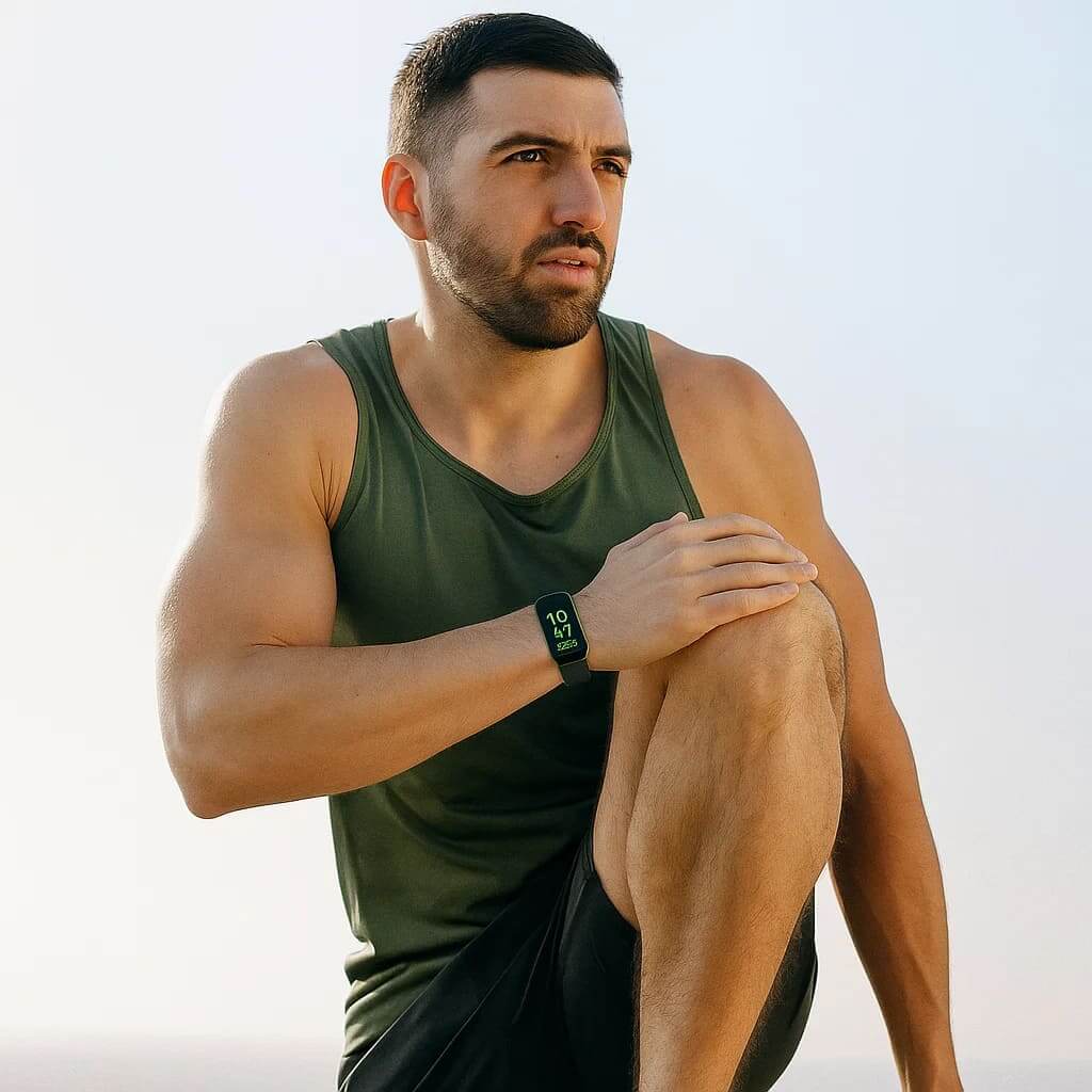 Hombre activo usando EsencialLuz RitmoSync, un smartwatch moderno, enfocado en salud y estilo de vida equilibrado.