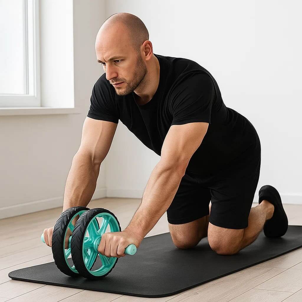 Man using EsencialLuz RuedaCore for core fitness training on a mat.