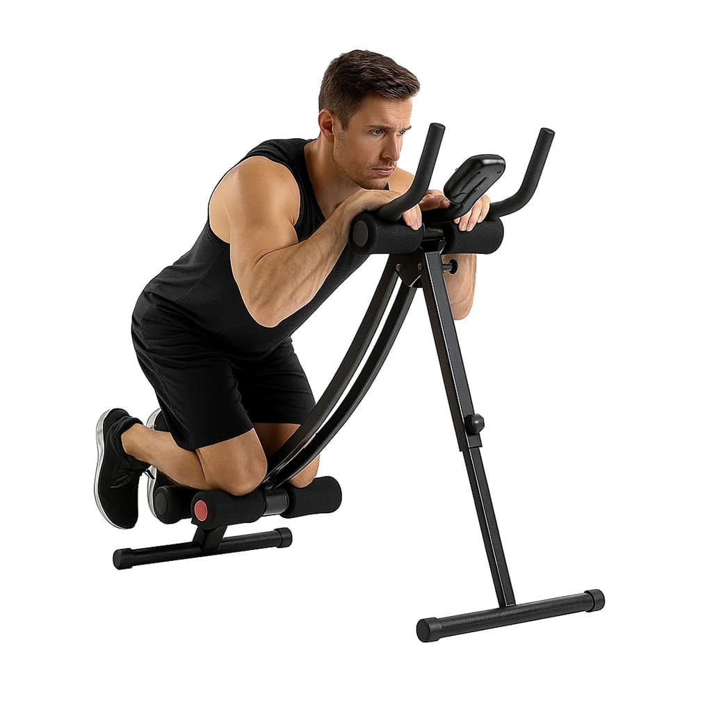 EsencialLuz RuedaFit en uso, hombre entrenando para fortalecer el core con rodillo abdominal.
