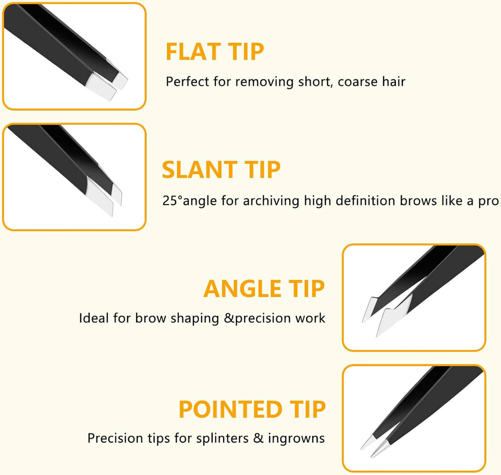 EsencialLuz – Set de Pinzas de Precisión de Acero Inoxidable, incluyendo Flat, Slant, Angle, y Pointed tips for various uses.