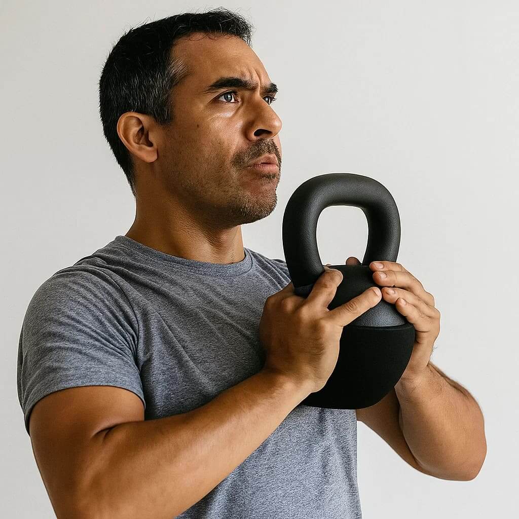Hombre entrenando con la EsencialLuz VersaBell, una kettlebell ajustable para entrenamiento progresivo.