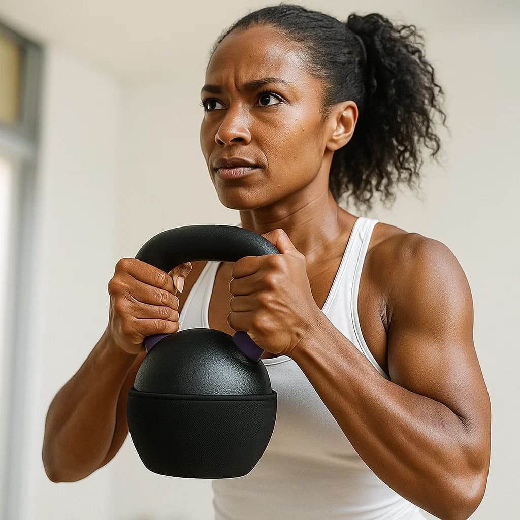 Mujer ejercitándose con kettlebell EsencialLuz VersaBell para entrenamientos efectivos y ajustables.