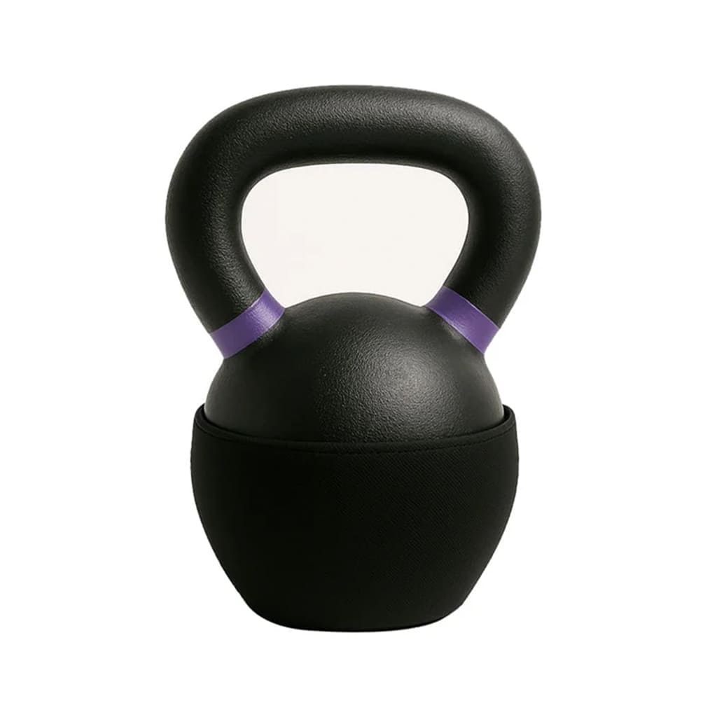 EsencialLuz VersaBell ajustable, kettlebell negra con detalles morados para entrenamiento personalizado en casa.