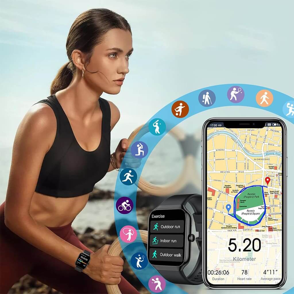 EsencialLuz Vibe elegante reloj inteligente con pantalla HD y monitoreo de actividad y sueño.