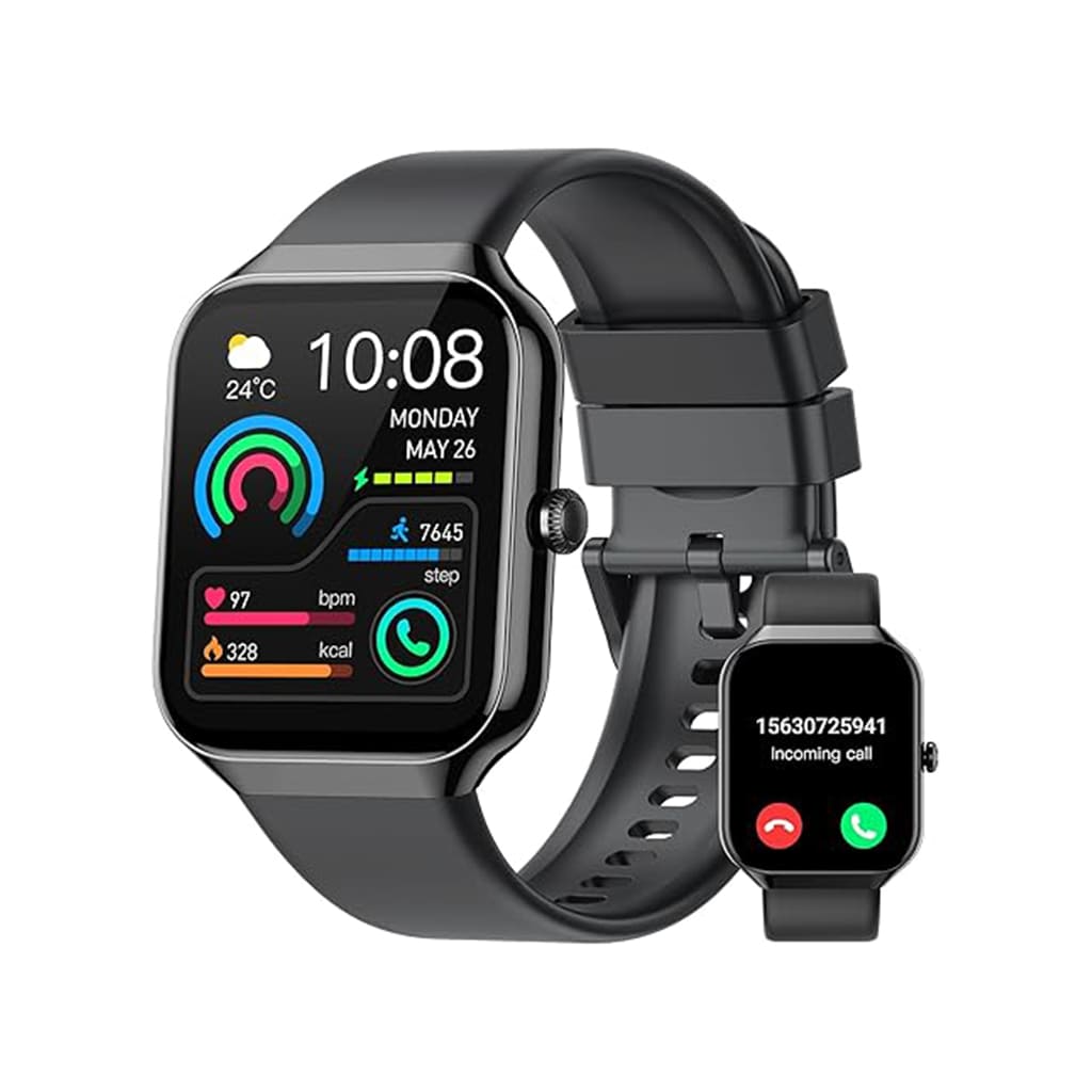 EsencialLuz Vibe smartwatch displaying health stats and call notifications, perfect for wellness routines.