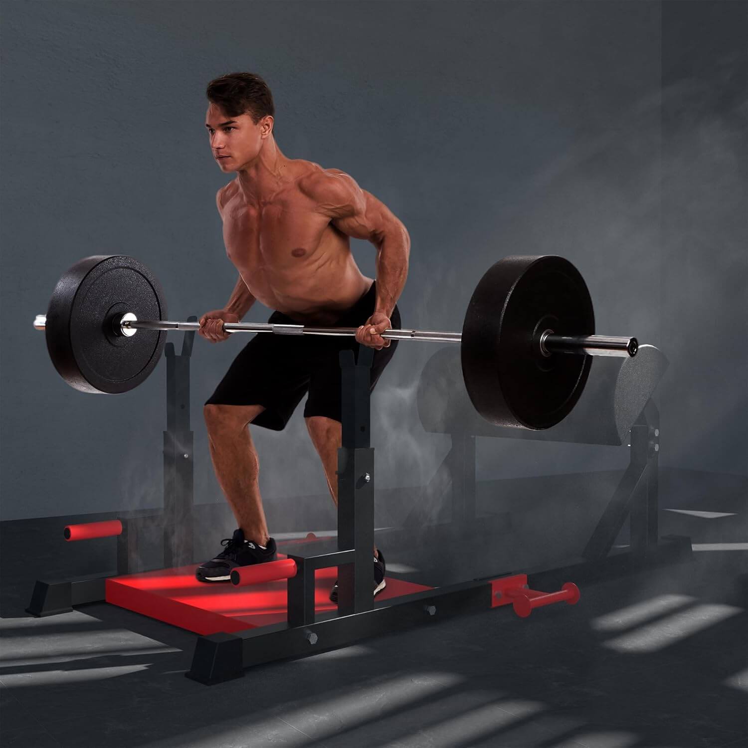 Hombre levantando pesas con barra en un entorno de gimnasio moderno, entrenando fuerza y musculación.