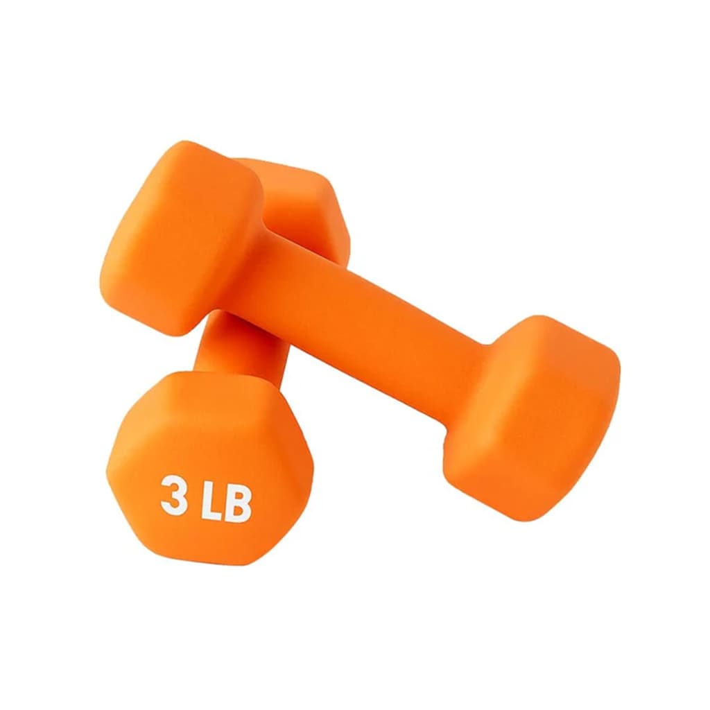 Dos pesas de 3 LB en color naranja para entrenamiento y fortalecimiento de muscles.