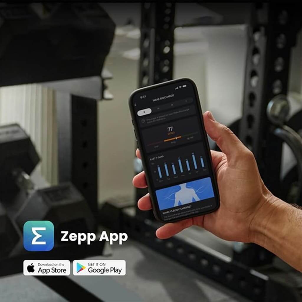 EsencialLuz AuraBand mostrando la app Zepp, controlando entrenamiento y frecuencia cardíaca.